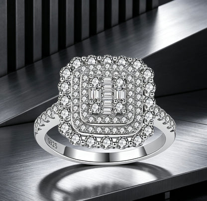 Square Double Halo Moissanite Ring — D Color · 93 Stones · Baguette Cluster · S925 Silver | Luvymia