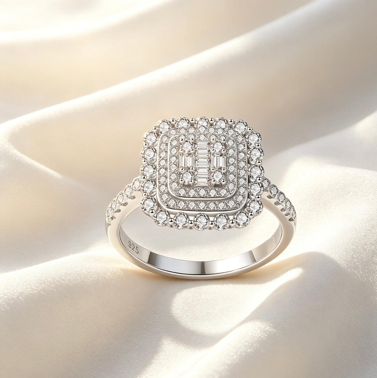 Square Double Halo Moissanite Ring — D Color · 93 Stones · Baguette Cluster · S925 Silver | Luvymia