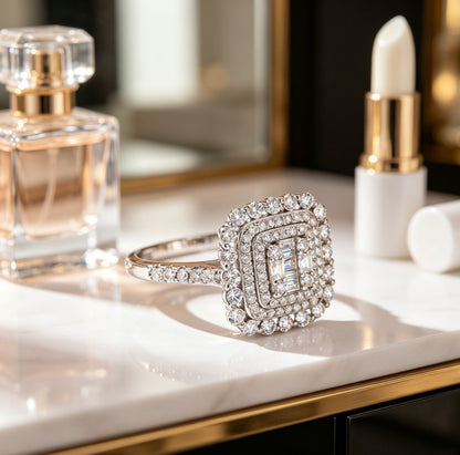 Square Double Halo Moissanite Ring — D Color · 93 Stones · Baguette Cluster · S925 Silver | Luvymia
