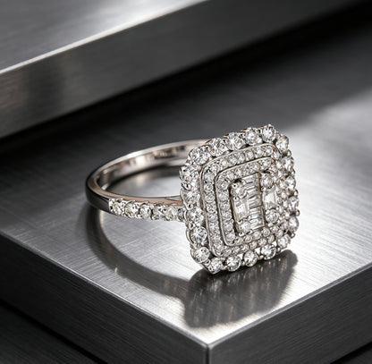 Square Double Halo Moissanite Ring — D Color · 93 Stones · Baguette Cluster · S925 Silver | Luvymia