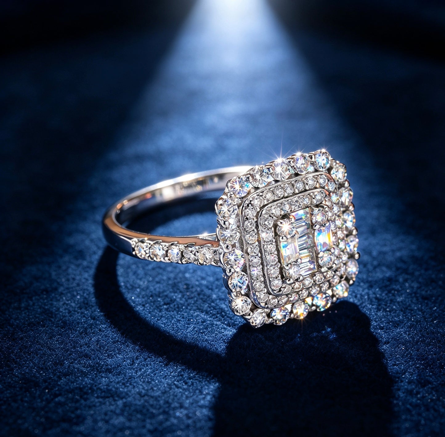 Square Double Halo Moissanite Ring — D Color · 93 Stones · Baguette Cluster · S925 Silver | Luvymia