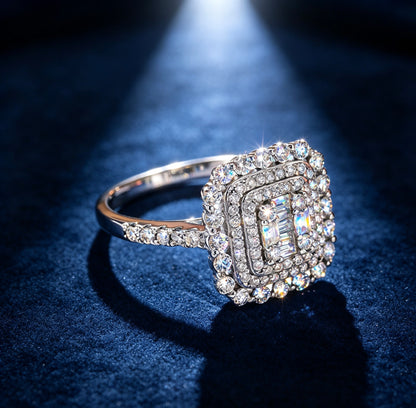 Square Double Halo Moissanite Ring — D Color · 93 Stones · Baguette Cluster · S925 Silver | Luvymia