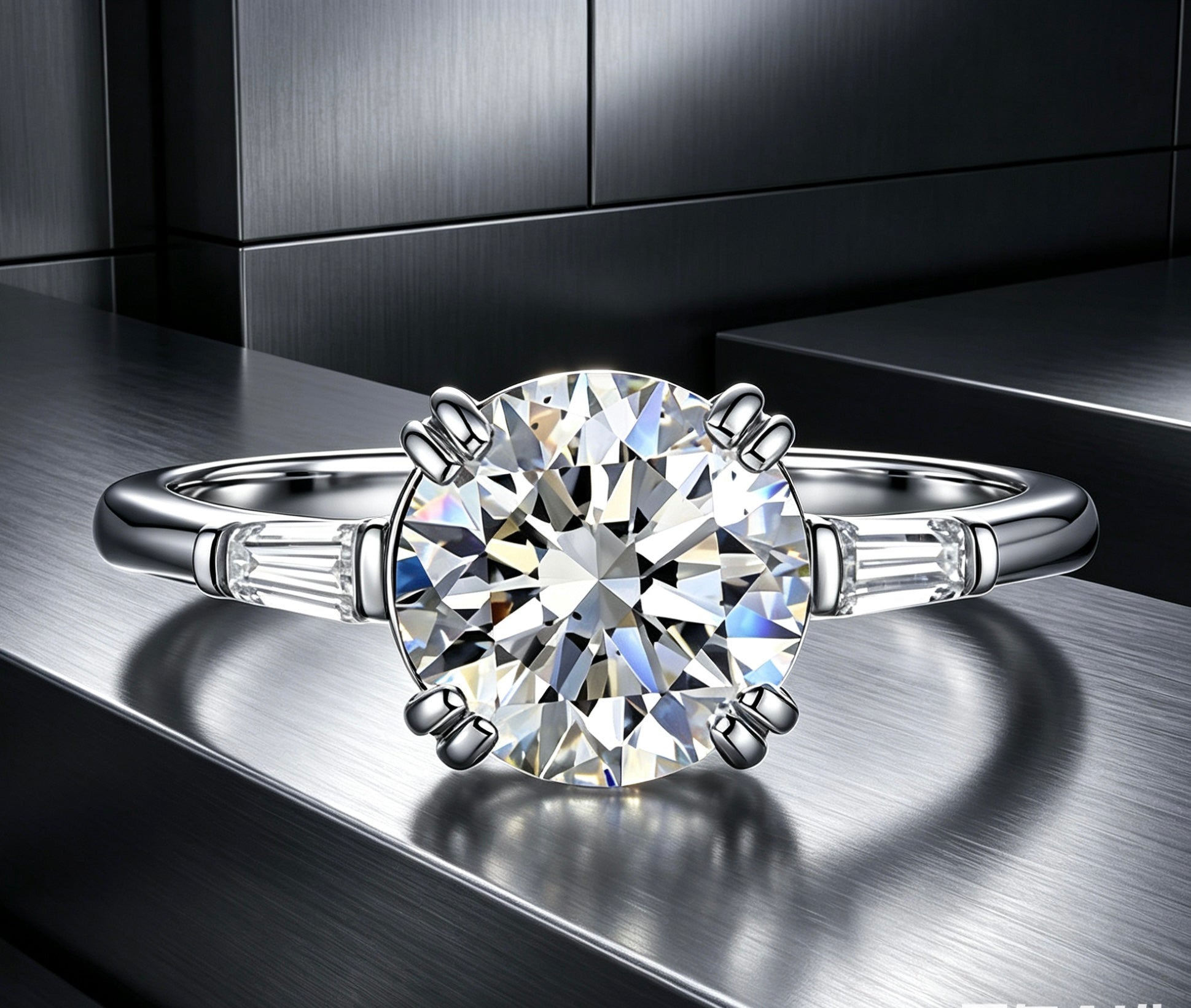 moissanite bridal ring six prong setting tapered baguette accents