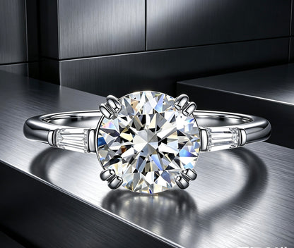 moissanite bridal ring six prong setting tapered baguette accents