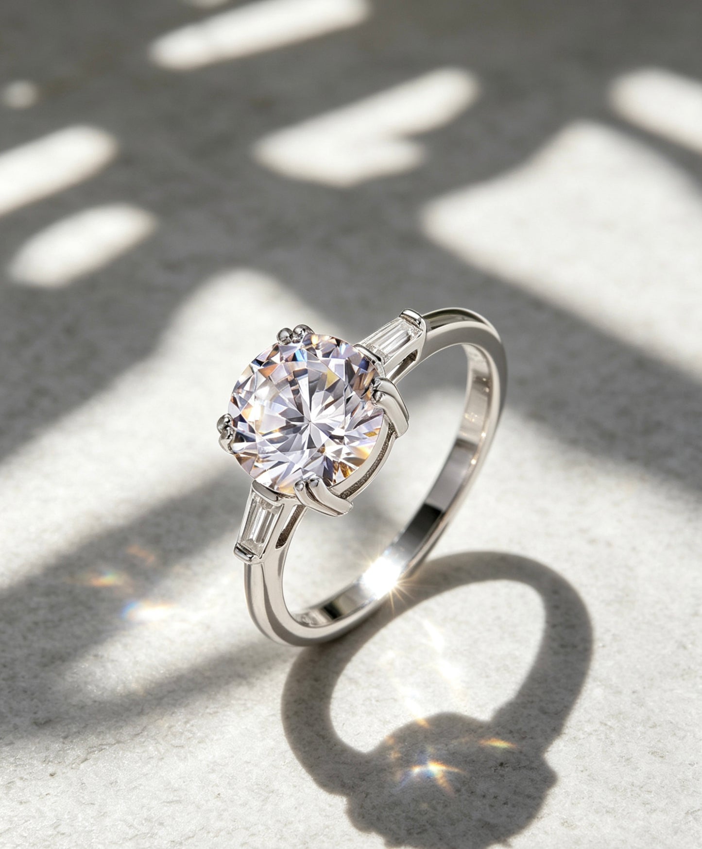moissanite bridal ring six prong setting tapered baguette accents