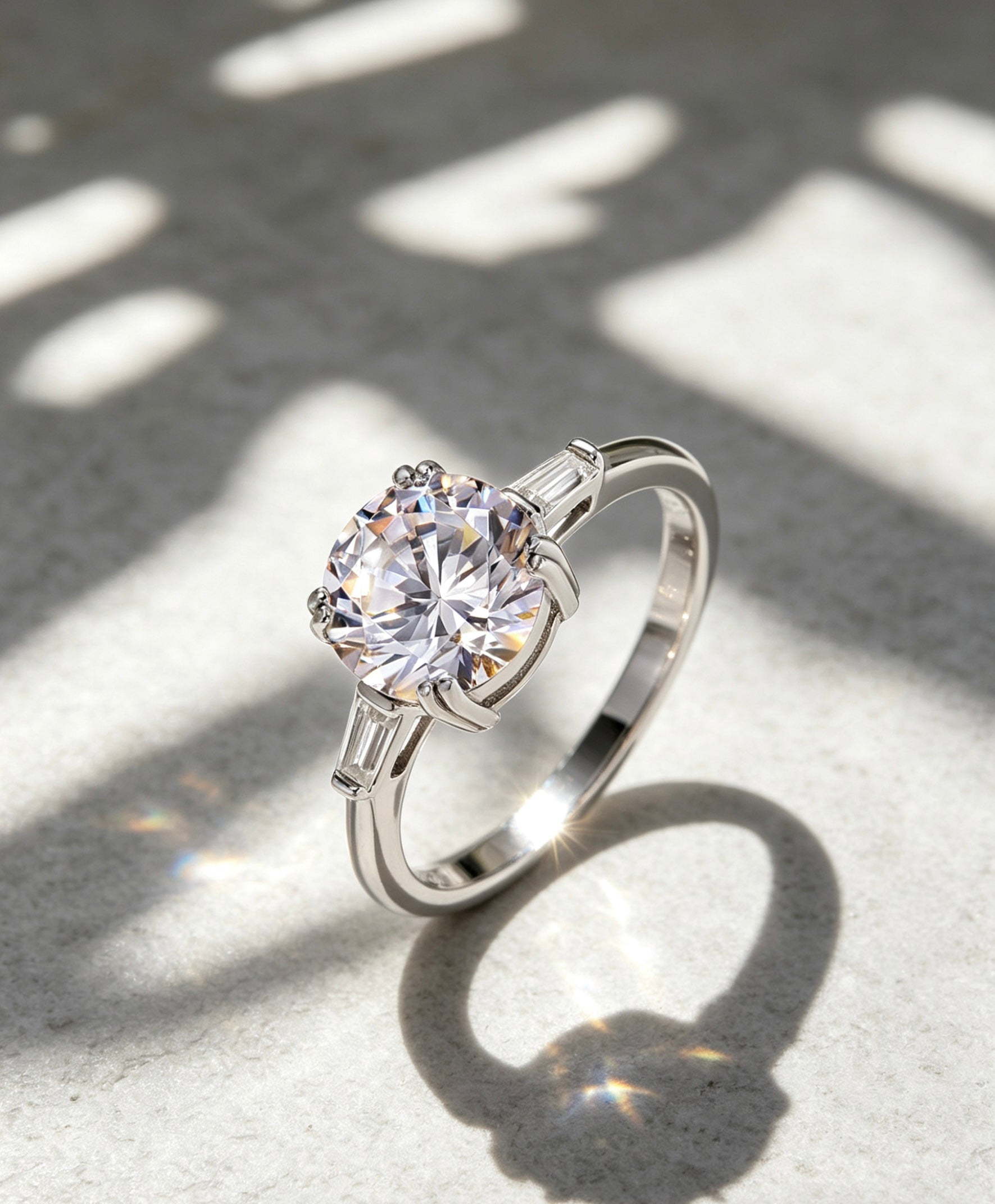 moissanite bridal ring six prong setting tapered baguette accents