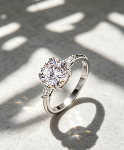 moissanite bridal ring six prong setting tapered baguette accents