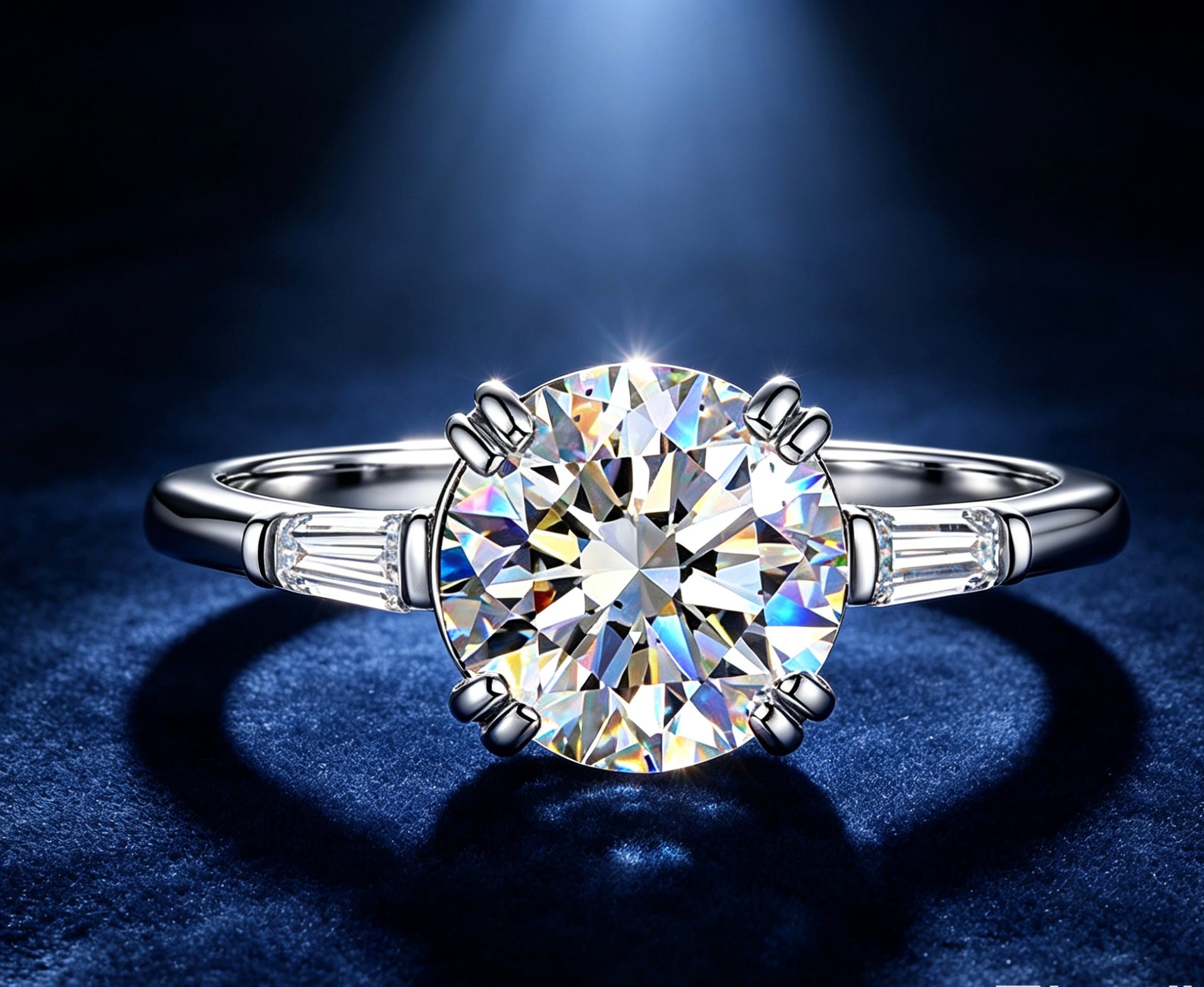 moissanite bridal ring six prong setting tapered baguette accents